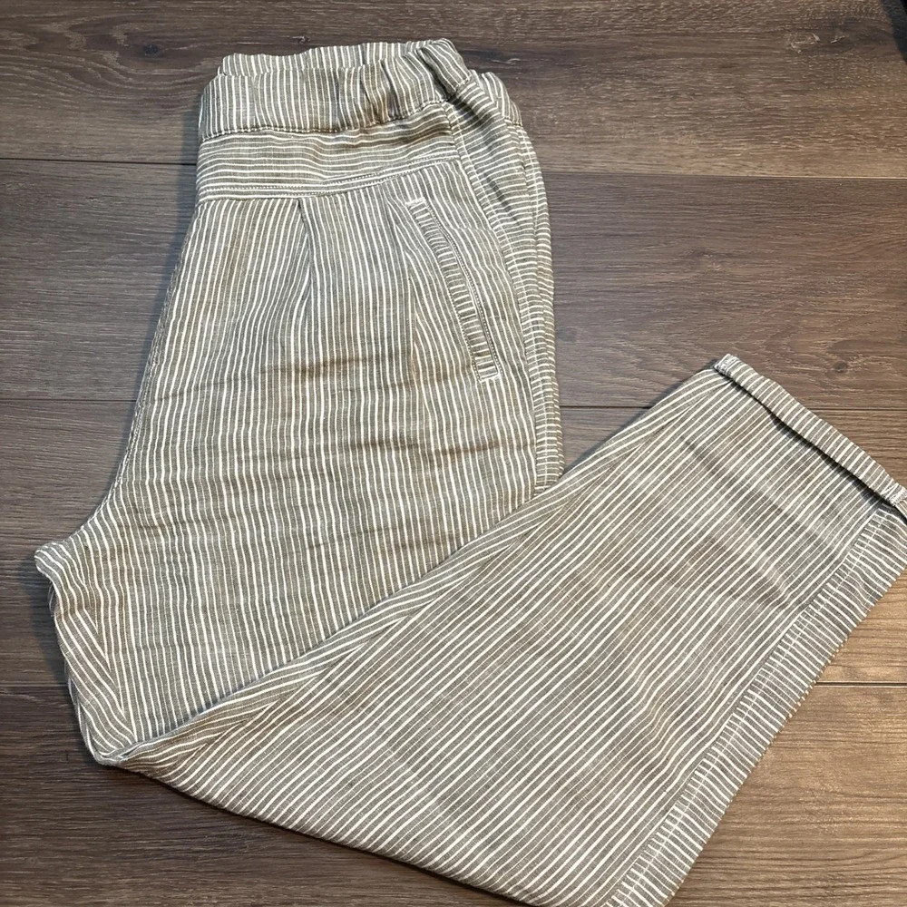 Anthropologie Linen Trousers Small Green Striped Coastal Pull-On Beach Pant